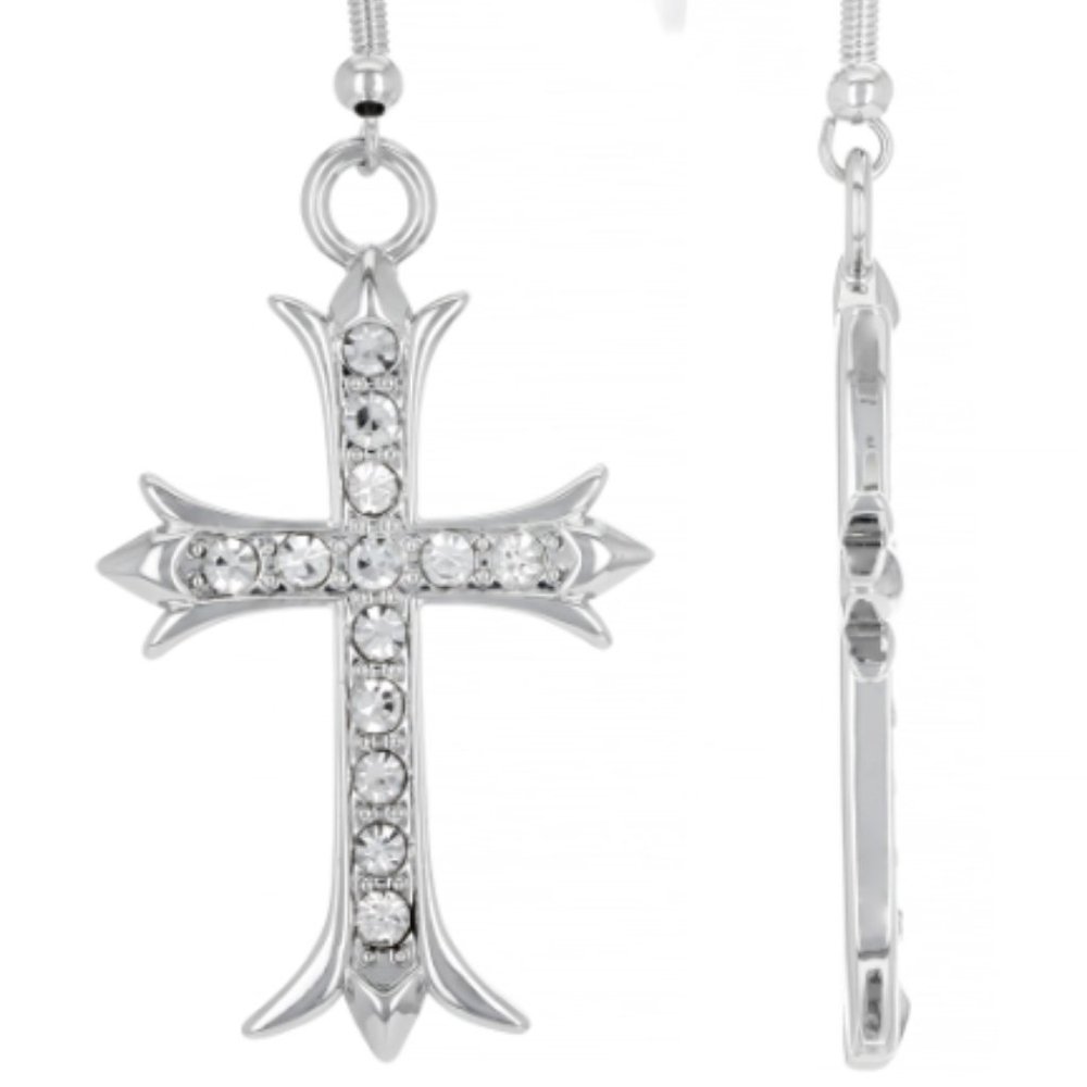 OFF PARK COLLECTION, SILVER TONE WHITE CRYSTAL DANGLE CROSS EARRINGS